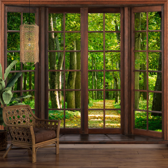 Carta da parati panoramica - Illusione ottica - Finestra in legno - Foresta