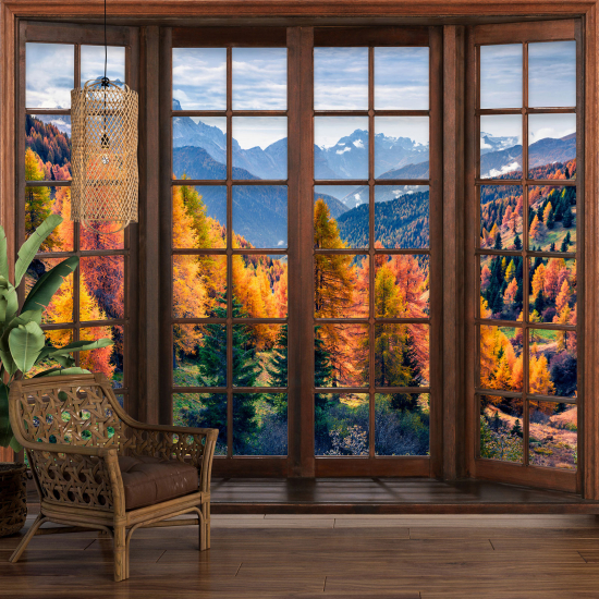 Carta da parati panoramica - Illusione ottica - Finestra in legno - Foresta