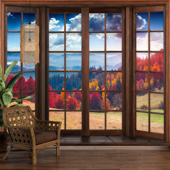 Carta da parati panoramica - Illusione ottica - Finestra in legno - Foresta autunno