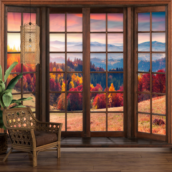 Carta da parati panoramica - Illusione ottica - Finestra in legno - Foresta autunno