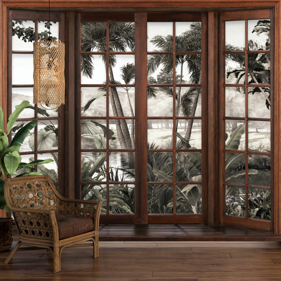 Carta da parati panoramica - Illusione ottica - Finestra in legno - Foresta Tropicale