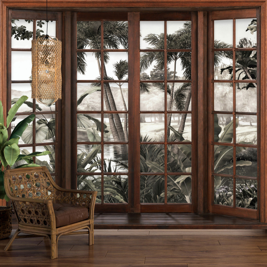 Carta da parati panoramica - Illusione ottica - Finestra in legno - Foresta Tropicale