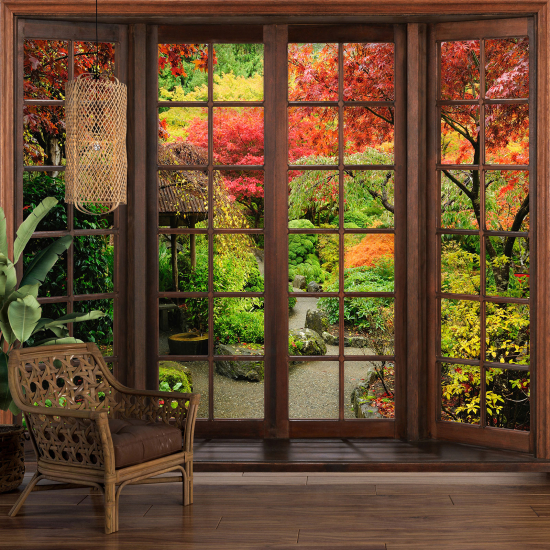 Carta da parati panoramica - Illusione ottica - Finestra in legno - Giardino
