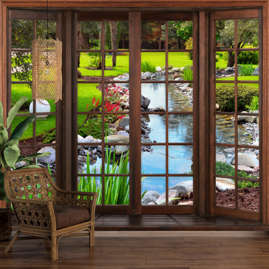 Carta da parati panoramica - Illusione ottica - Finestra in legno - Giardino Rivière