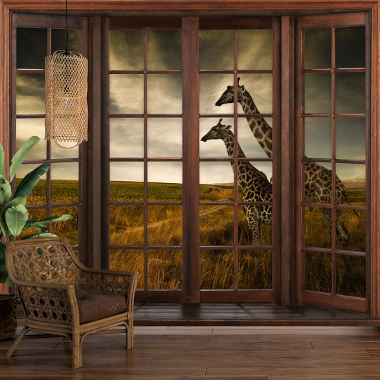 Carta da parati panoramica - Illusione ottica - Finestra in legno - Giraffe