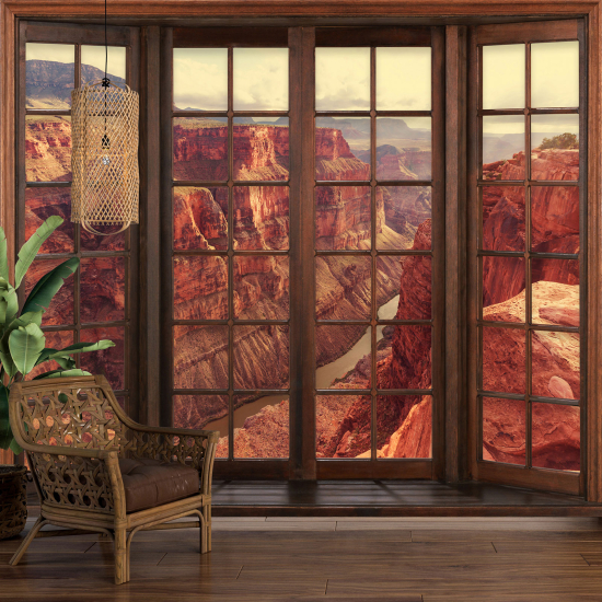 Carta da parati panoramica - Illusione ottica - Finestra in legno - Grand Canyon