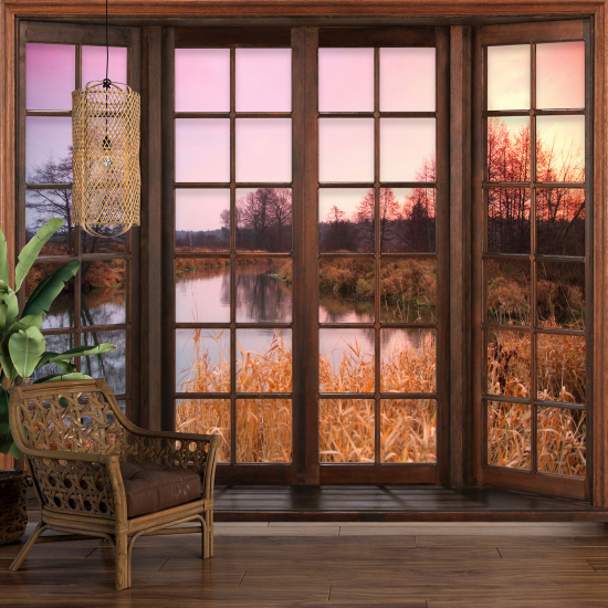 Carta da parati panoramica - Illusione ottica - Finestra in legno - Lago