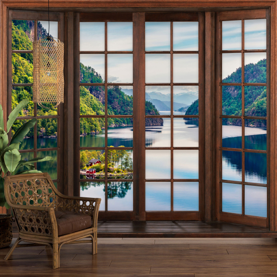Carta da parati panoramica - Illusione ottica - Finestra in legno - Lago