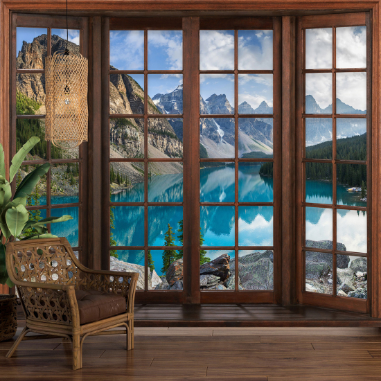 Carta da parati panoramica - Illusione ottica - Finestra in legno - Lago Montagne