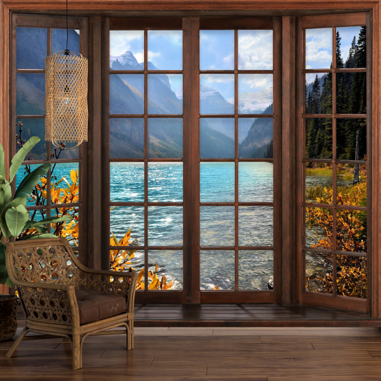 Carta da parati panoramica - Illusione ottica - Finestra in legno - Lago Montagne