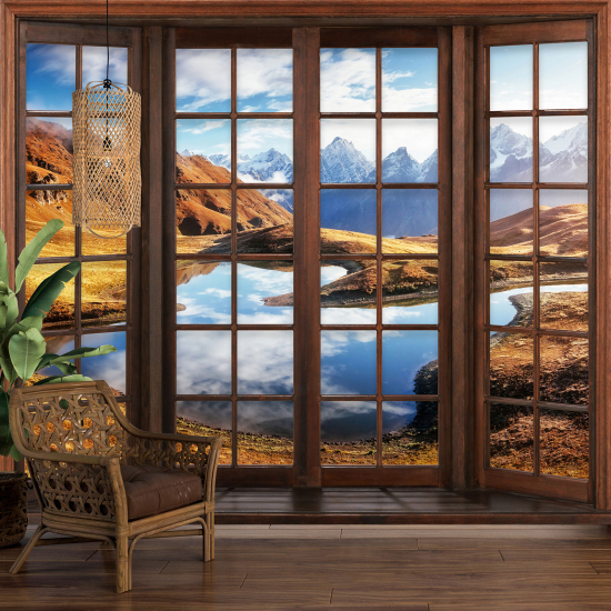 Carta da parati panoramica - Illusione ottica - Finestra in legno - Lago Montagne