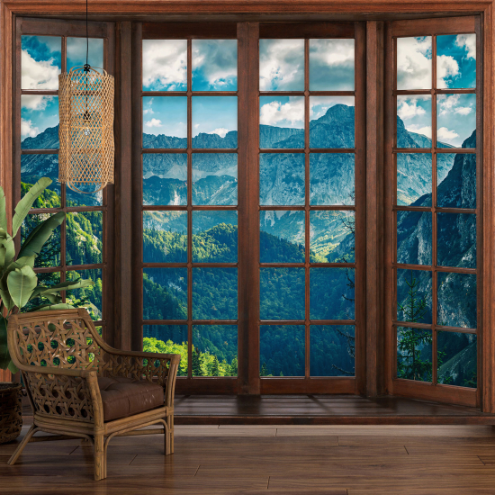 Carta da parati panoramica - Illusione ottica - Finestra in legno - Montagne