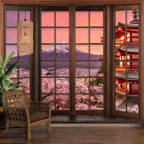 Carta da parati panoramica - Illusione ottica - Finestra in legno - Monte Fuji Giappone