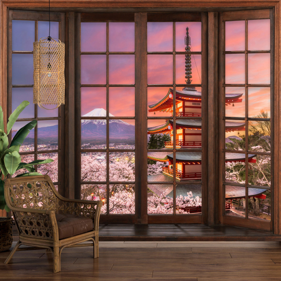 Carta da parati panoramica - Illusione ottica - Finestra in legno - Monte Fuji Giappone