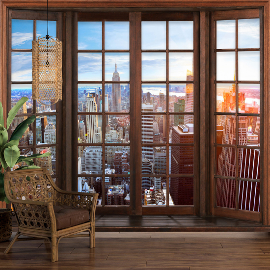 Carta da parati panoramica - Illusione ottica - Finestra in legno - New York