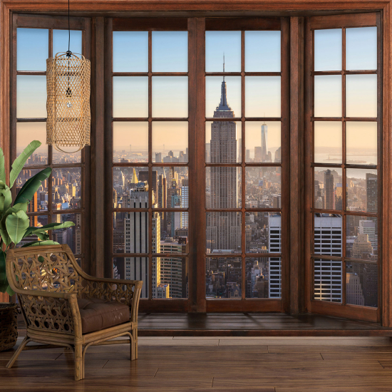 Carta da parati panoramica - Illusione ottica - Finestra in legno - New York