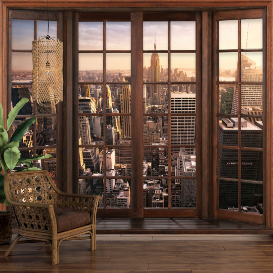 Carta da parati panoramica - Illusione ottica - Finestra in legno - New York