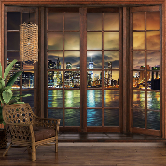 Carta da parati panoramica - Illusione ottica - Finestra in legno - New York