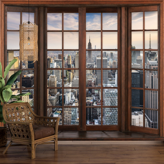 Carta da parati panoramica - Illusione ottica - Finestra in legno - New York
