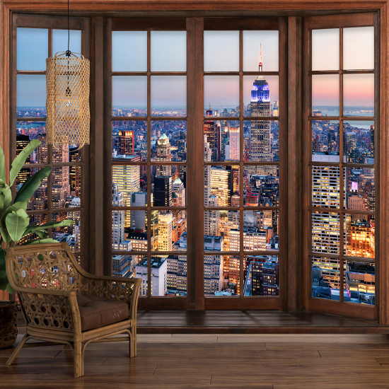 Carta da parati panoramica - Illusione ottica - Finestra in legno - New York