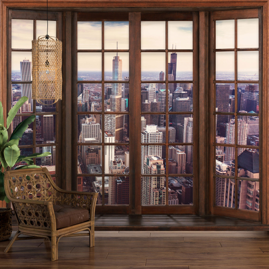 Carta da parati panoramica - Illusione ottica - Finestra in legno - New York