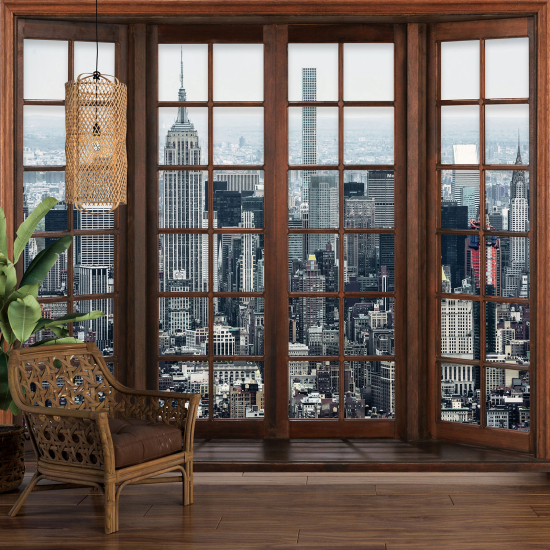 Carta da parati panoramica - Illusione ottica - Finestra in legno - New York