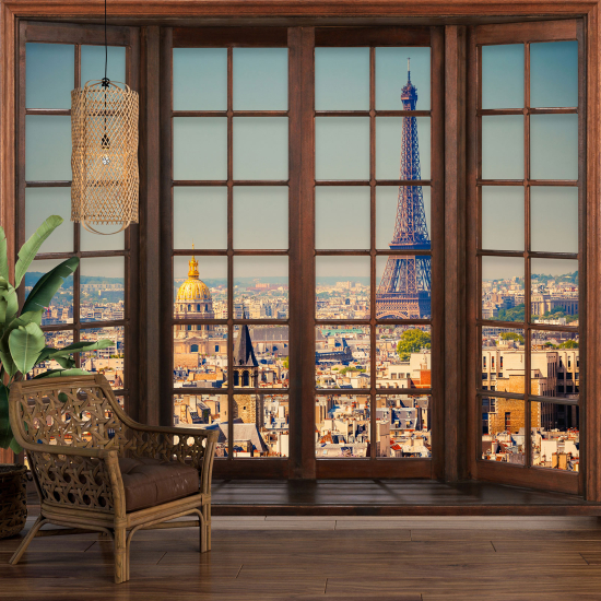 Carta da parati panoramica - Illusione ottica - Finestra in legno - Parigi Torre Eiffel