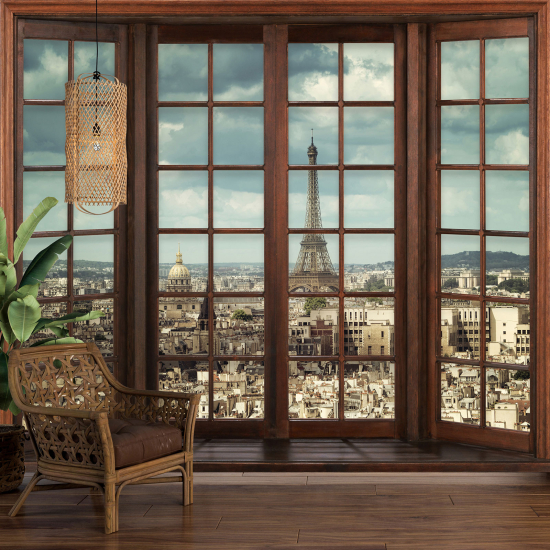 Carta da parati panoramica - Illusione ottica - Finestra in legno - Parigi Torre Eiffel