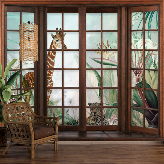 Carta da parati panoramica - Illusione ottica - Finestra in legno per Bambini - Animali della Giungla