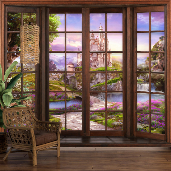 Carta da parati panoramica - Illusione ottica - Finestra in legno per Bambini - Castello Incantato
