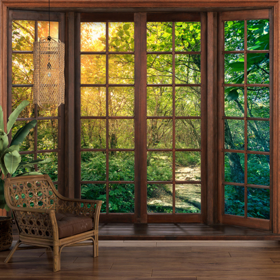 Carta da parati panoramica - Illusione ottica - Finestra in legno - Sentiero
