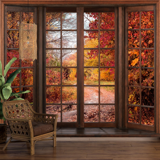 Carta da parati panoramica - Illusione ottica - Finestra in legno - Sentiero autunno