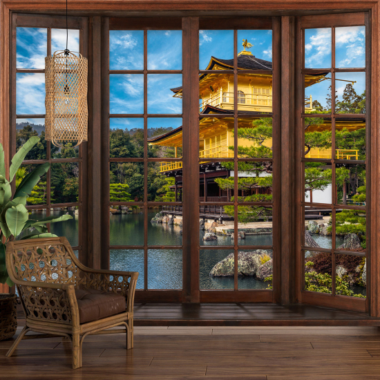 Carta da parati panoramica - Illusione ottica - Finestra in legno - Tempio Giapponese