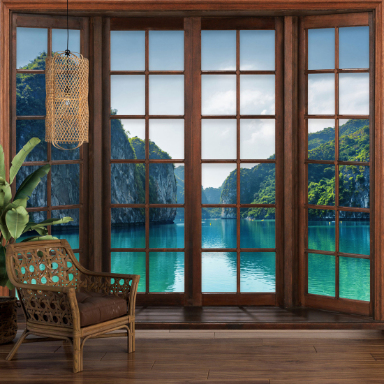 Carta da parati panoramica - Illusione ottica - Finestra in legno - Thailandia