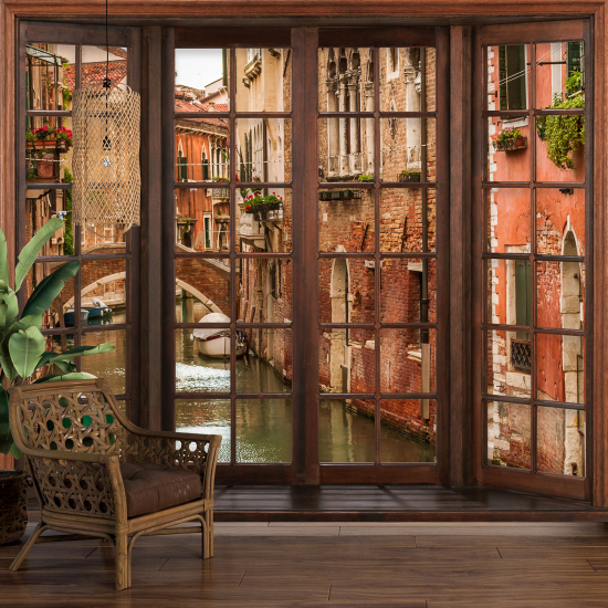Carta da parati panoramica - Illusione ottica - Finestra in legno - Venezia