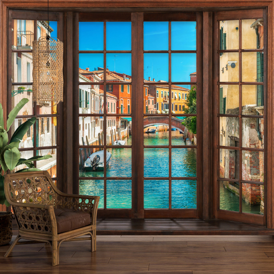 Carta da parati panoramica - Illusione ottica - Finestra in legno - Venezia