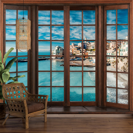 Carta da parati panoramica - Illusione ottica - Finestra in legno - Villaggio Mediterraneo