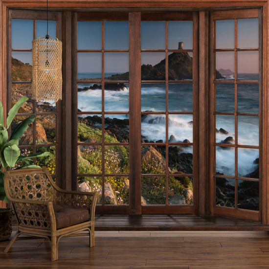 Carta da parati panoramica - Illusione ottica - Finestra in legno - Vista Mare