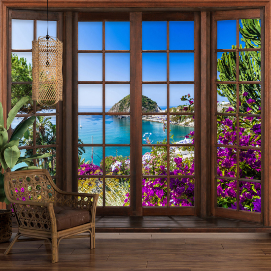 Carta da parati panoramica - Illusione ottica - Finestra in legno - Vista Mare