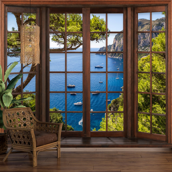 Carta da parati panoramica - Illusione ottica - Finestra in legno - Vista Mare