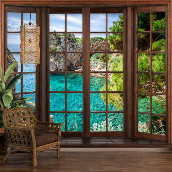 Carta da parati panoramica - Illusione ottica - Finestra in legno - Vista Mare