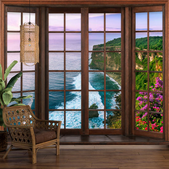 Carta da parati panoramica - Illusione ottica - Finestra in legno - Vista Mare