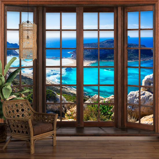 Carta da parati panoramica - Illusione ottica - Finestra in legno - Vista Mare