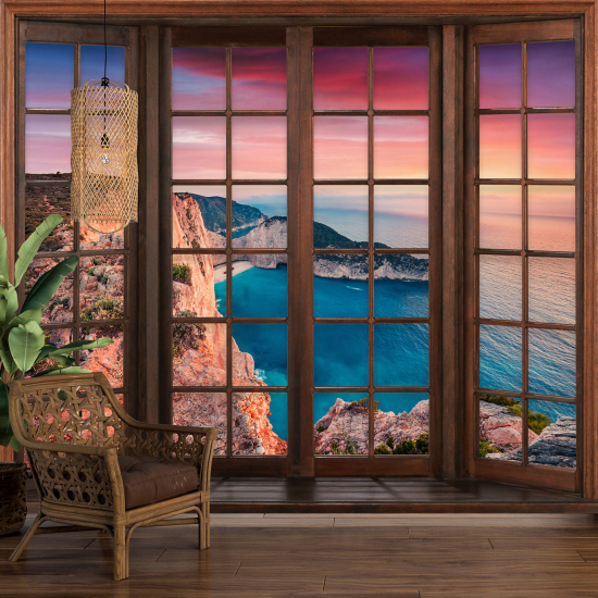 Carta da parati panoramica - Illusione ottica - Finestra in legno - Vista Mare