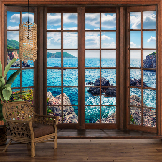 Carta da parati panoramica - Illusione ottica - Finestra in legno - Vista Mare