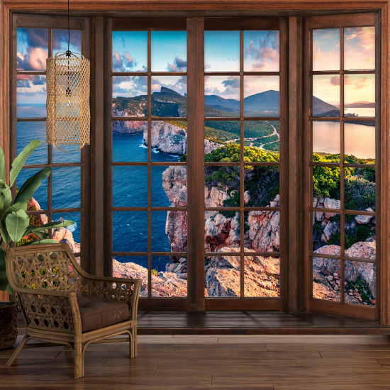 Carta da parati panoramica - Illusione ottica - Finestra in legno - Vista Mare