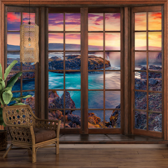 Carta da parati panoramica - Illusione ottica - Finestra in legno - Vista Mare