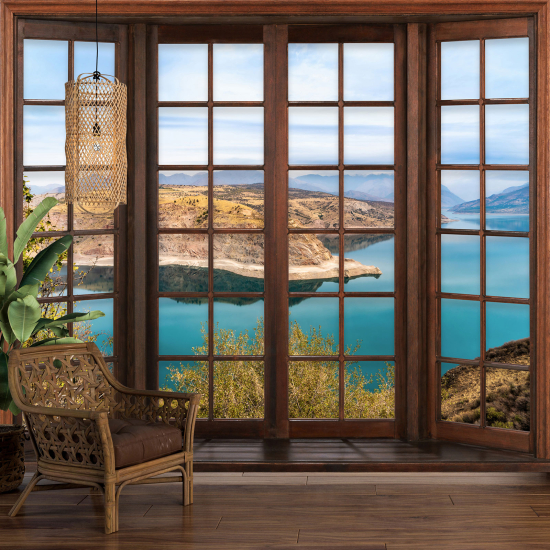 Carta da parati panoramica - Illusione ottica - Finestra in legno - Vista Mare