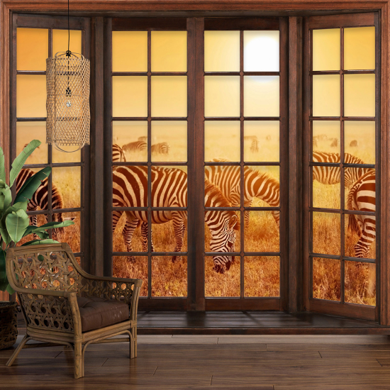 Carta da parati panoramica - Illusione ottica - Finestra in legno - Zebre Savana