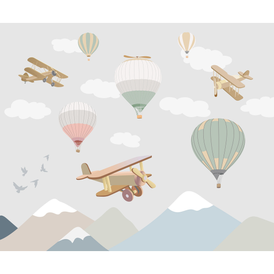 Carta da parati panoramica per bambini - Aerei Mongolfiere